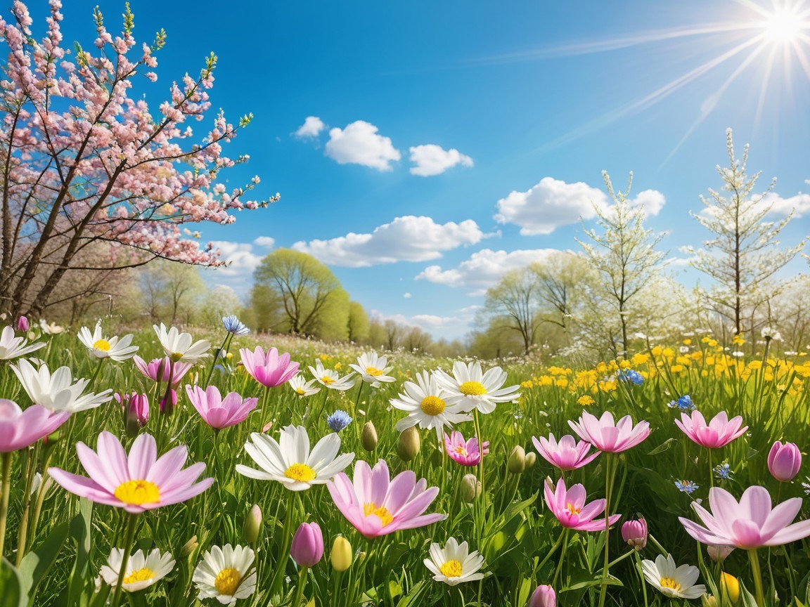 Vibrant Spring Landscape with Colorful Flowers and Trees