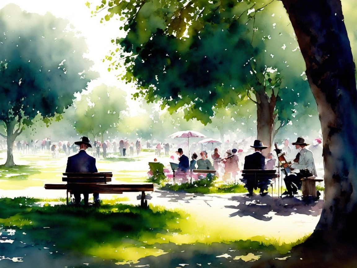 Watercolor Park Scene with People Enjoying Nature
