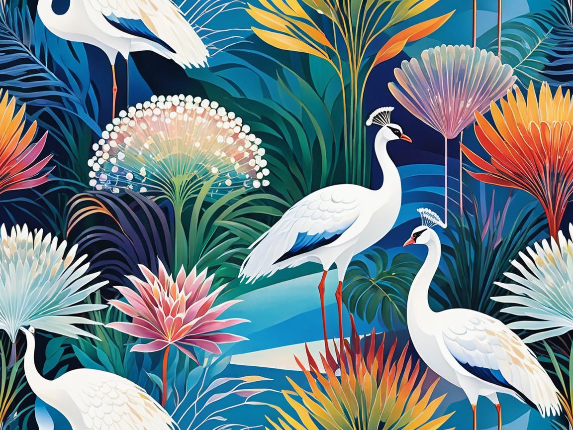 Vibrant Tropical Scene with White Cranes and Foliage