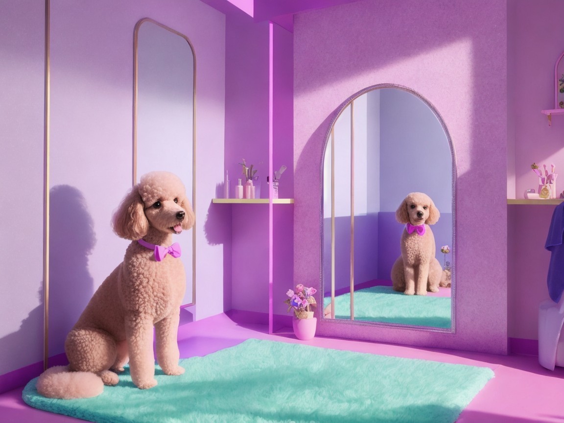Stylish Room with Poodle on Mint Green Rug