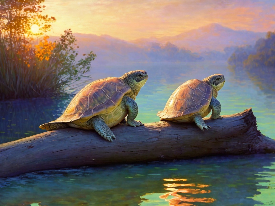 Turtles Basking on Log at Sunset by Calm Waters