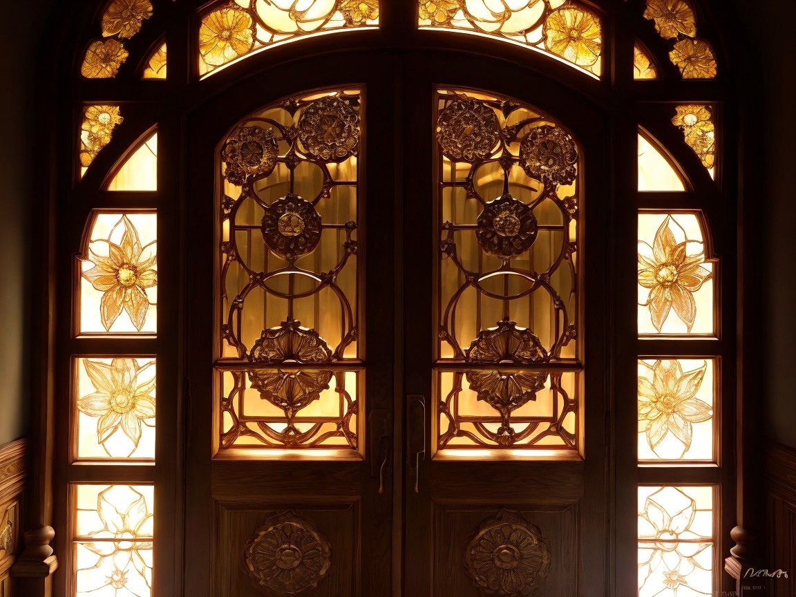 Arched Dark Mahogany Door with Frosted Glass Panels