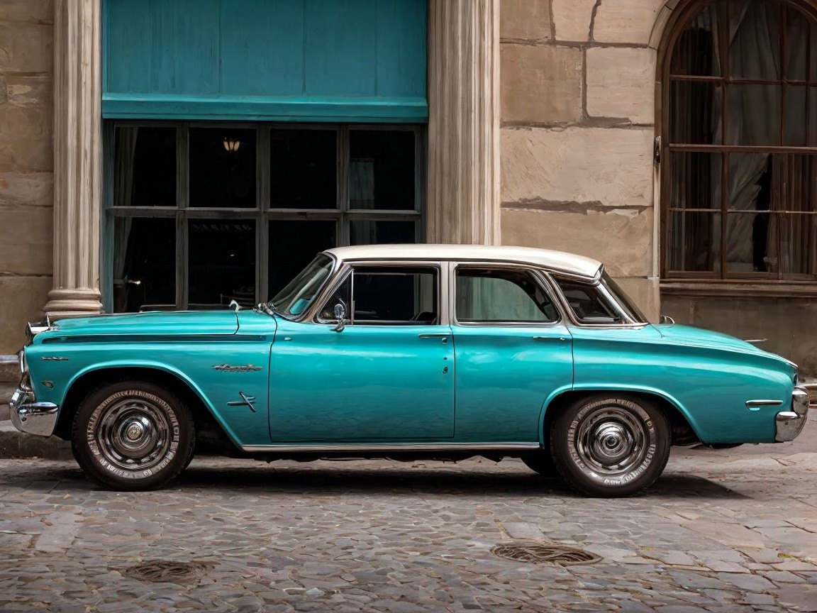 Vintage turquoise car against historic stone backdrop