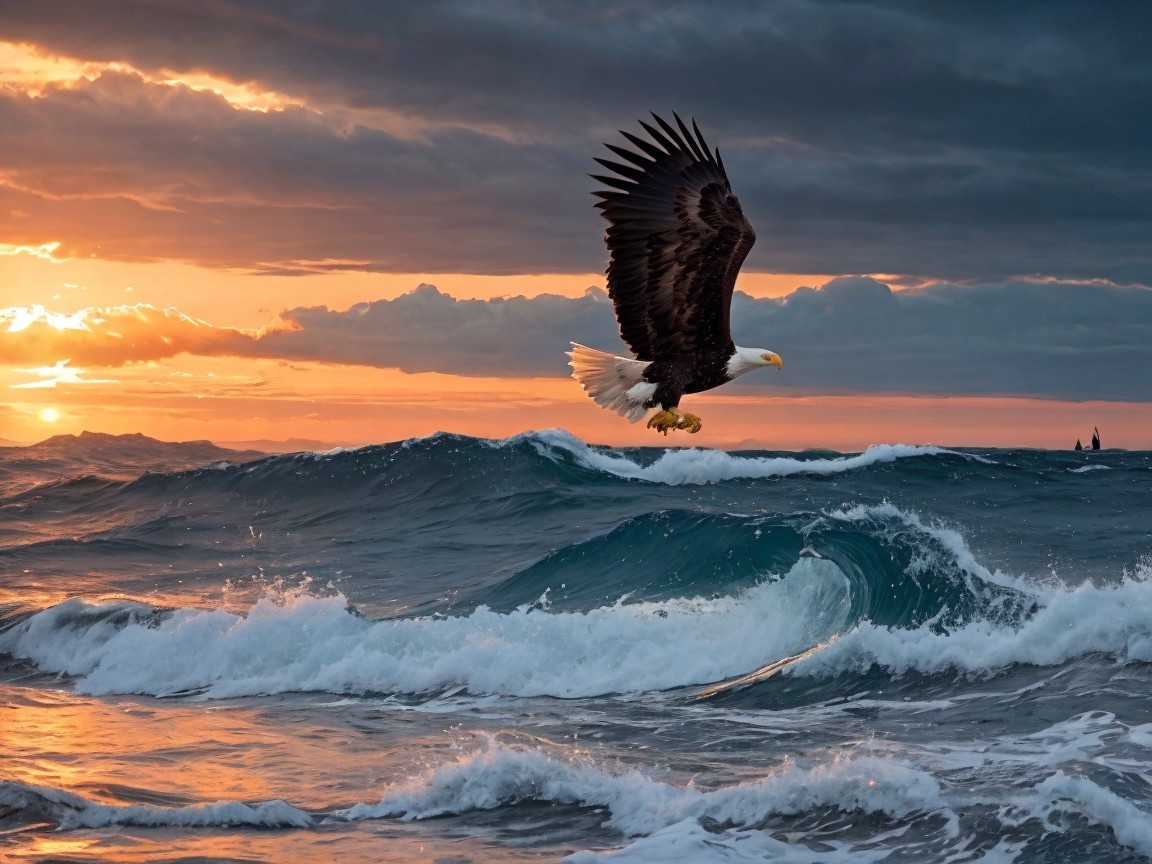 Bald Eagle Soaring Over Ocean at Sunset