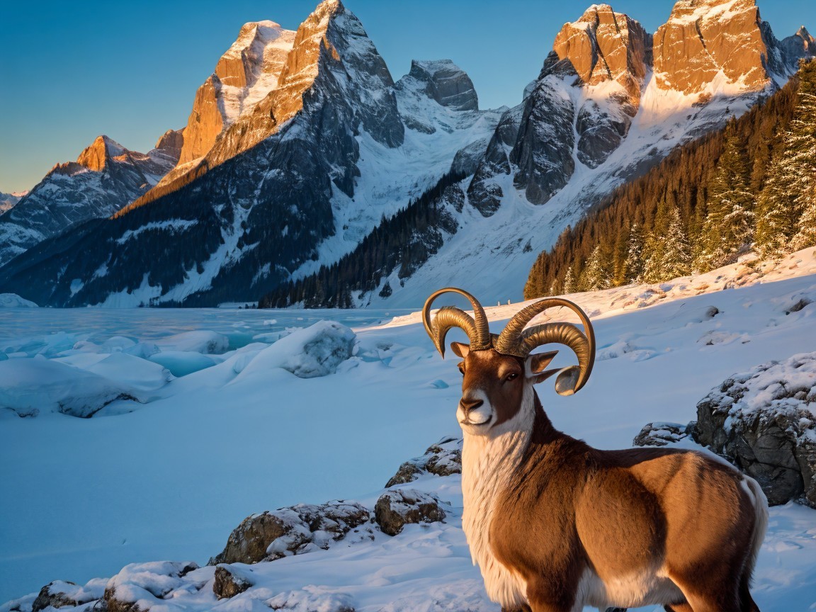Majestic Ram in Snowy Landscape with Mountains
