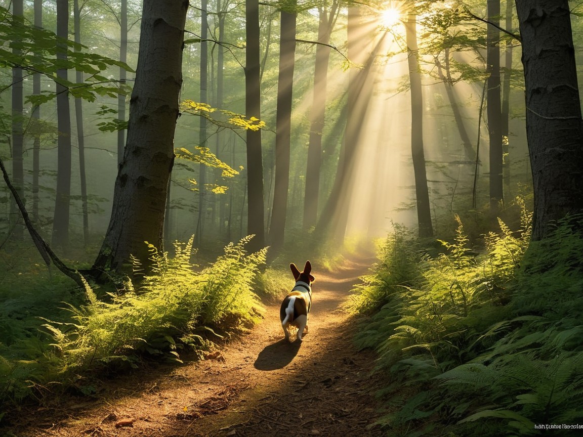 Serene Forest Path with Sunlight and Curious Dog