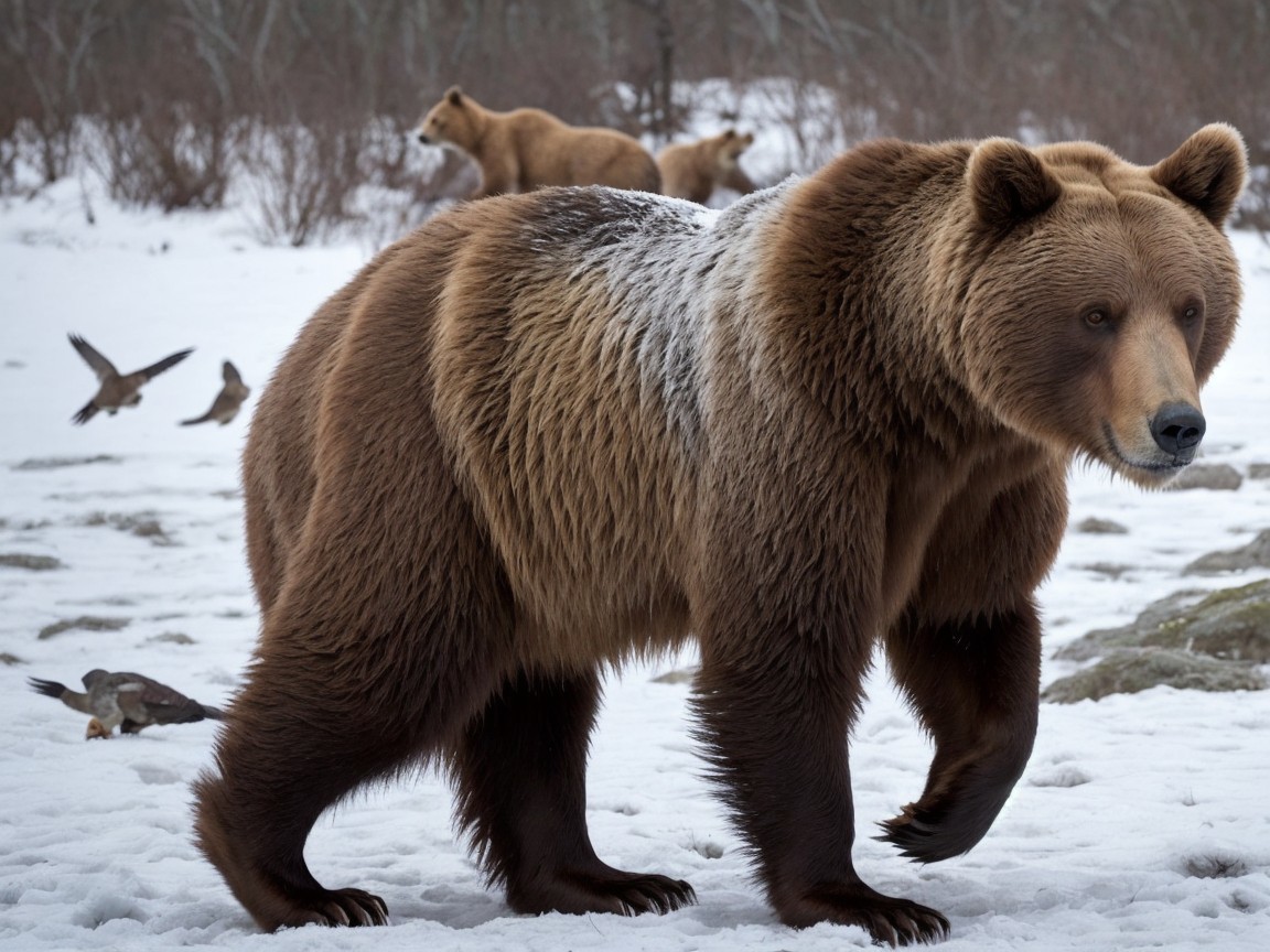 Brown bears in a snowy winter landscape with birds