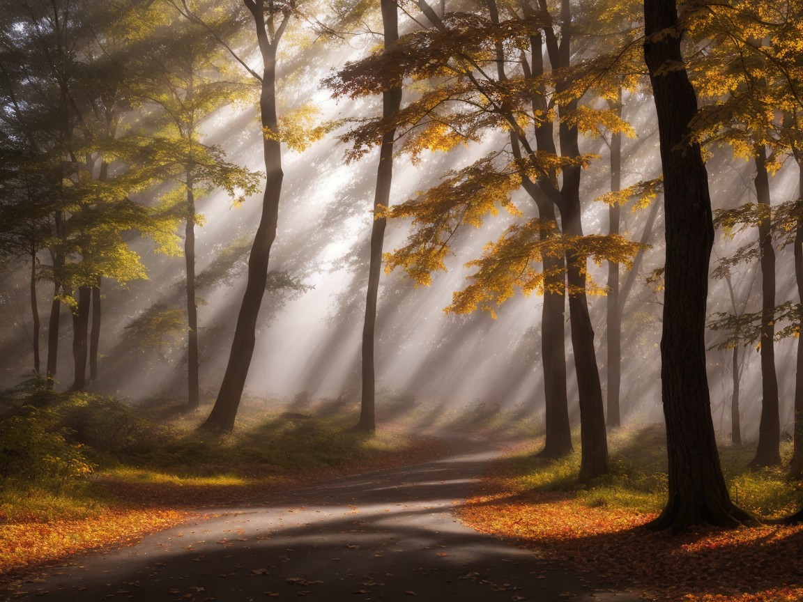 Autumn Forest with Sunlight and Misty Atmosphere