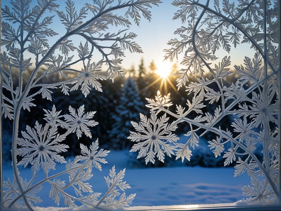 Frost Patterns and Winter Landscape with Snowy Trees