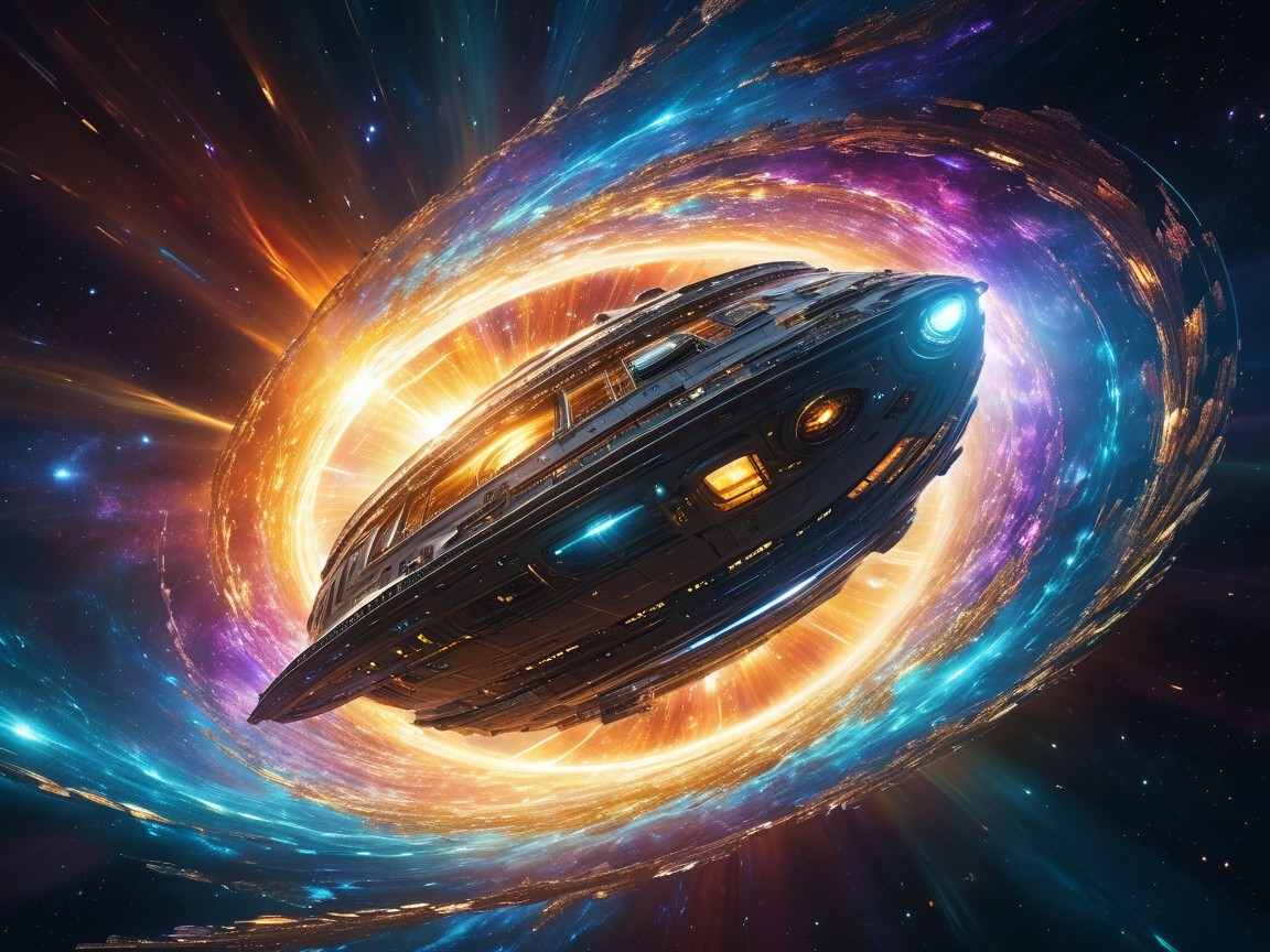 Futuristic spaceship near a vibrant cosmic phenomenon