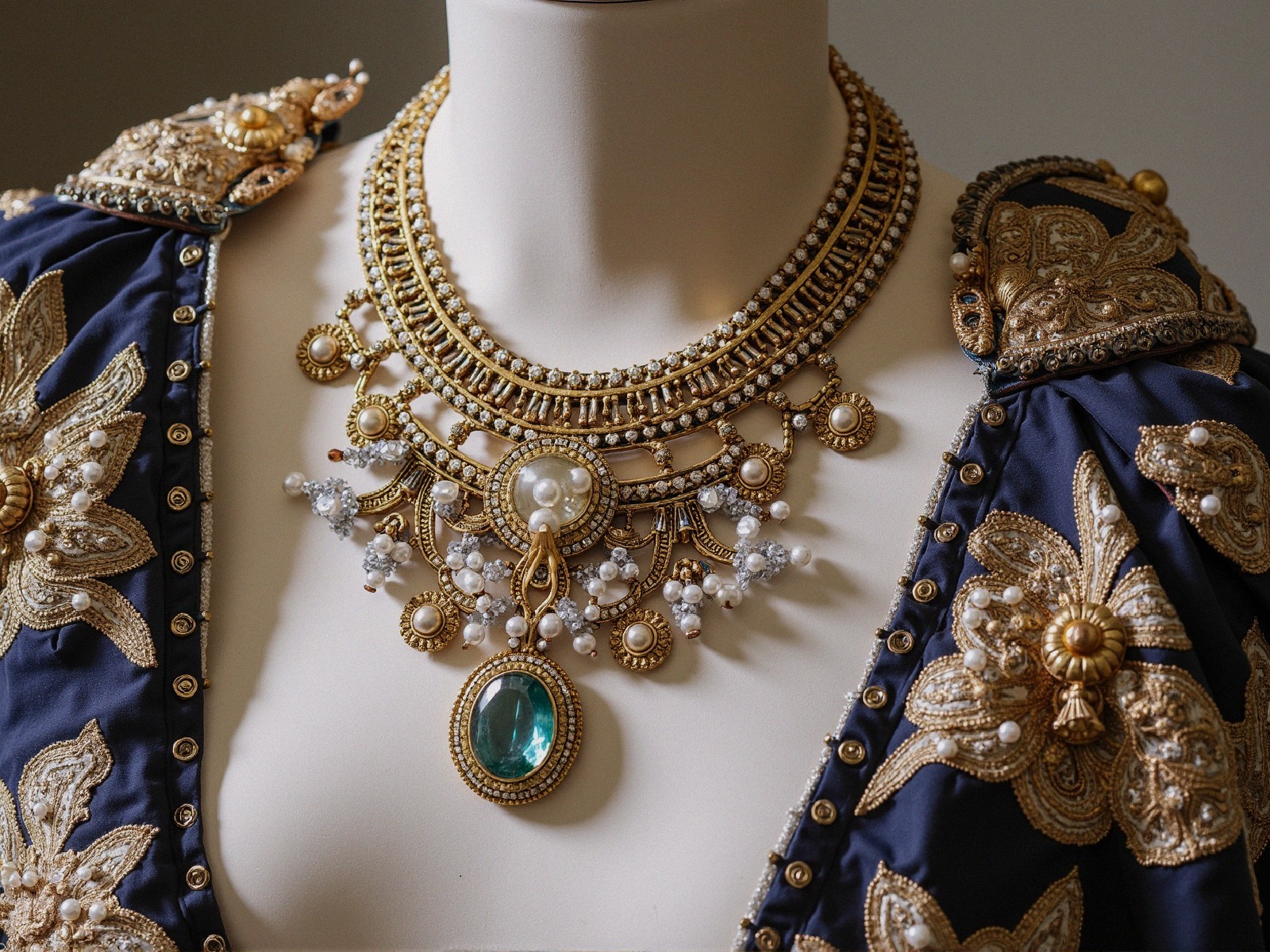 Gold Necklace with Pearls and Green Gemstone Detail