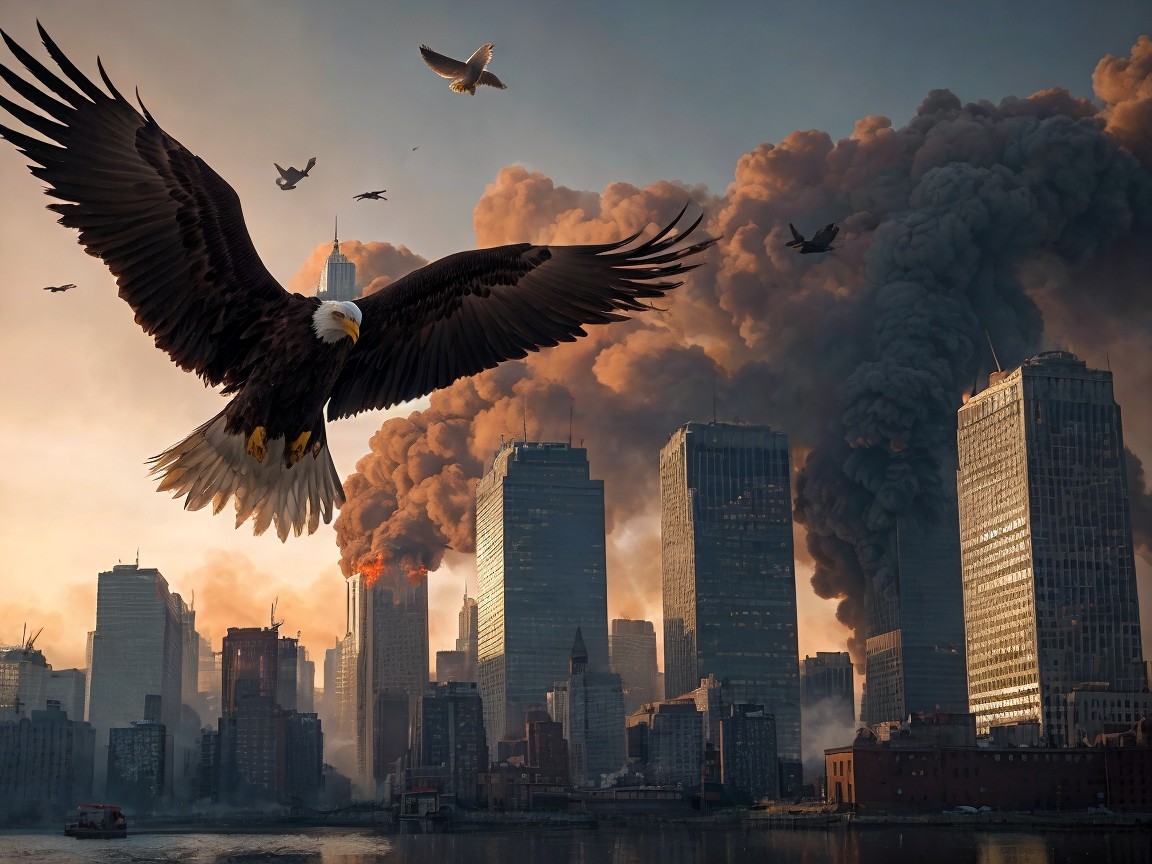 Eagle Soaring Over Smoky Urban Skyline with Birds