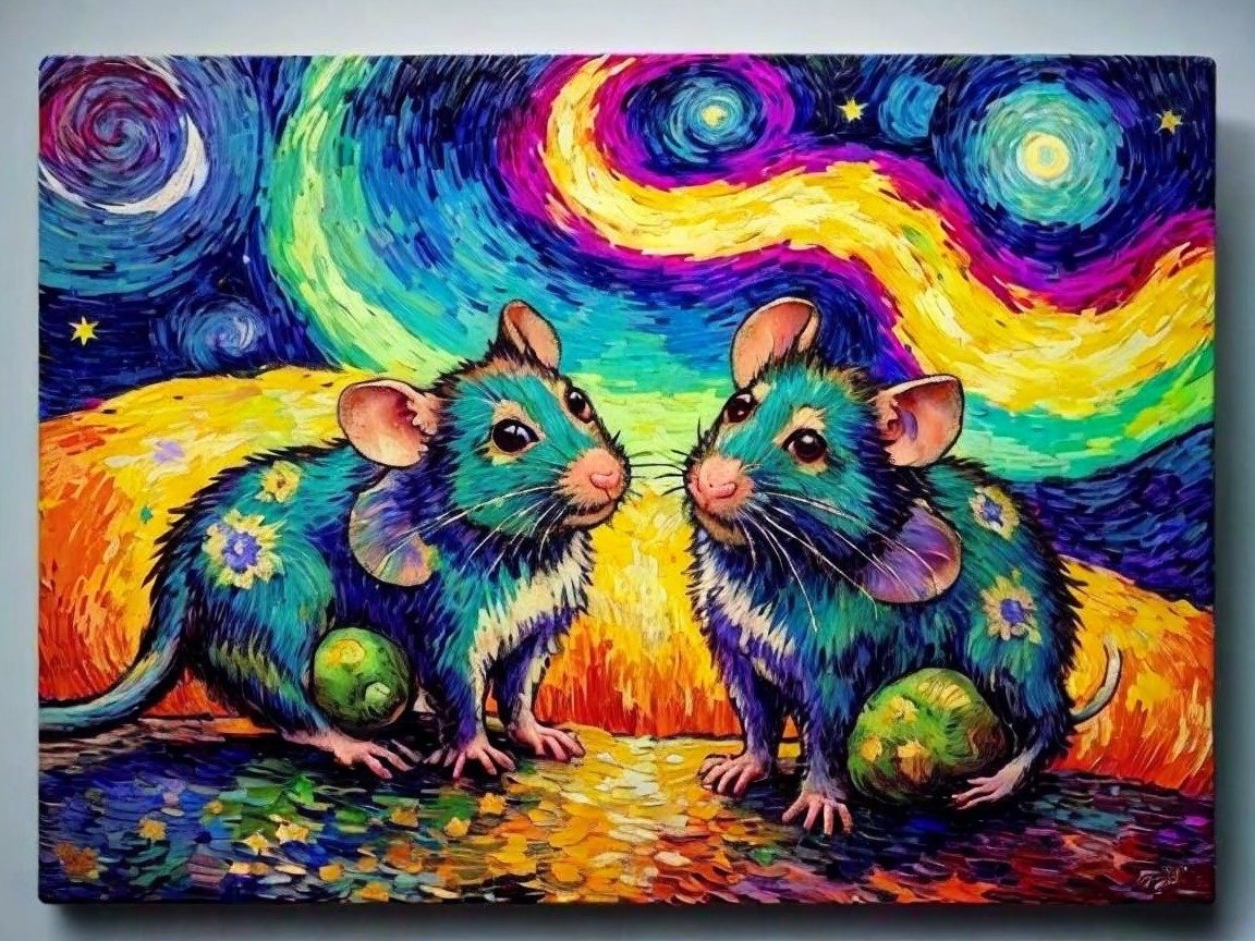 Whimsical Mice in Colorful Night Sky Landscape
