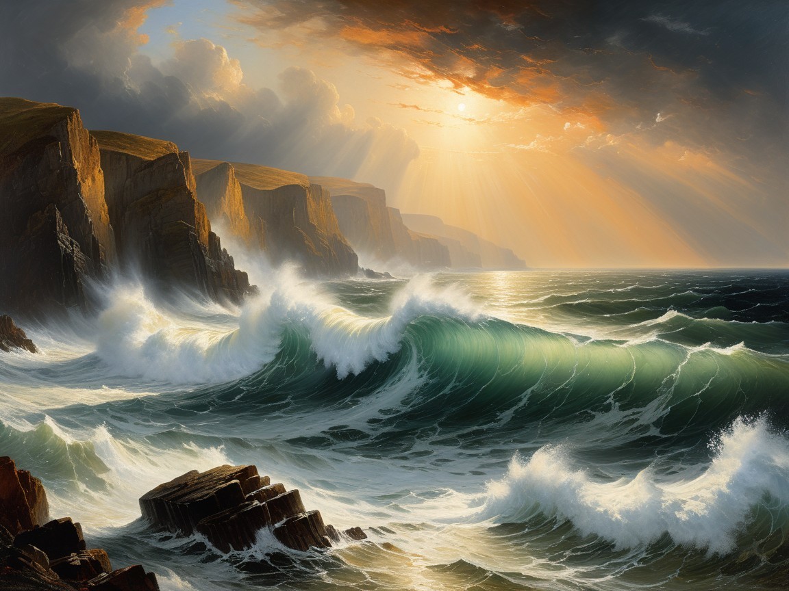 Dramatic Seascape of Waves and Rugged Cliffs