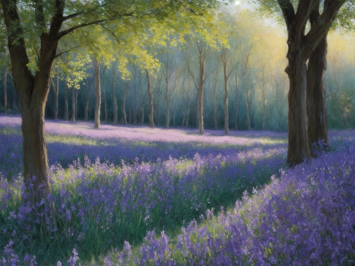 Tranquil Forest Glade with Sunlight and Purple Flowers