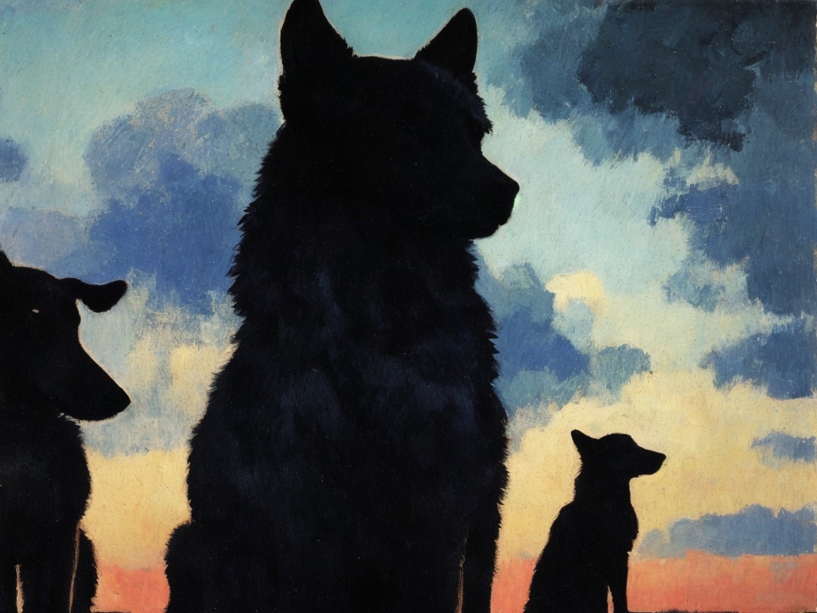 Silhouette of Three Dogs Against Colorful Sunset Sky