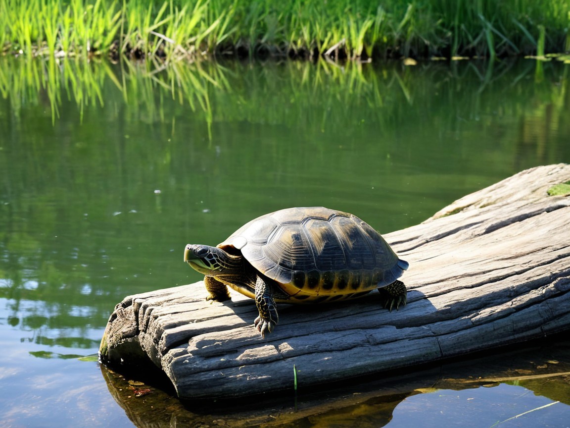 Turtle Basking on Log in Calm Waters and Greenery