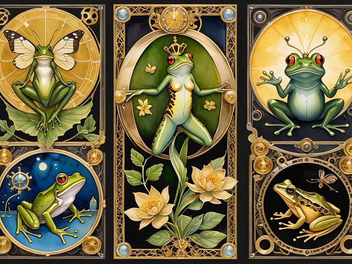 Frog Illustrations in Ornate Frames on Dark Background