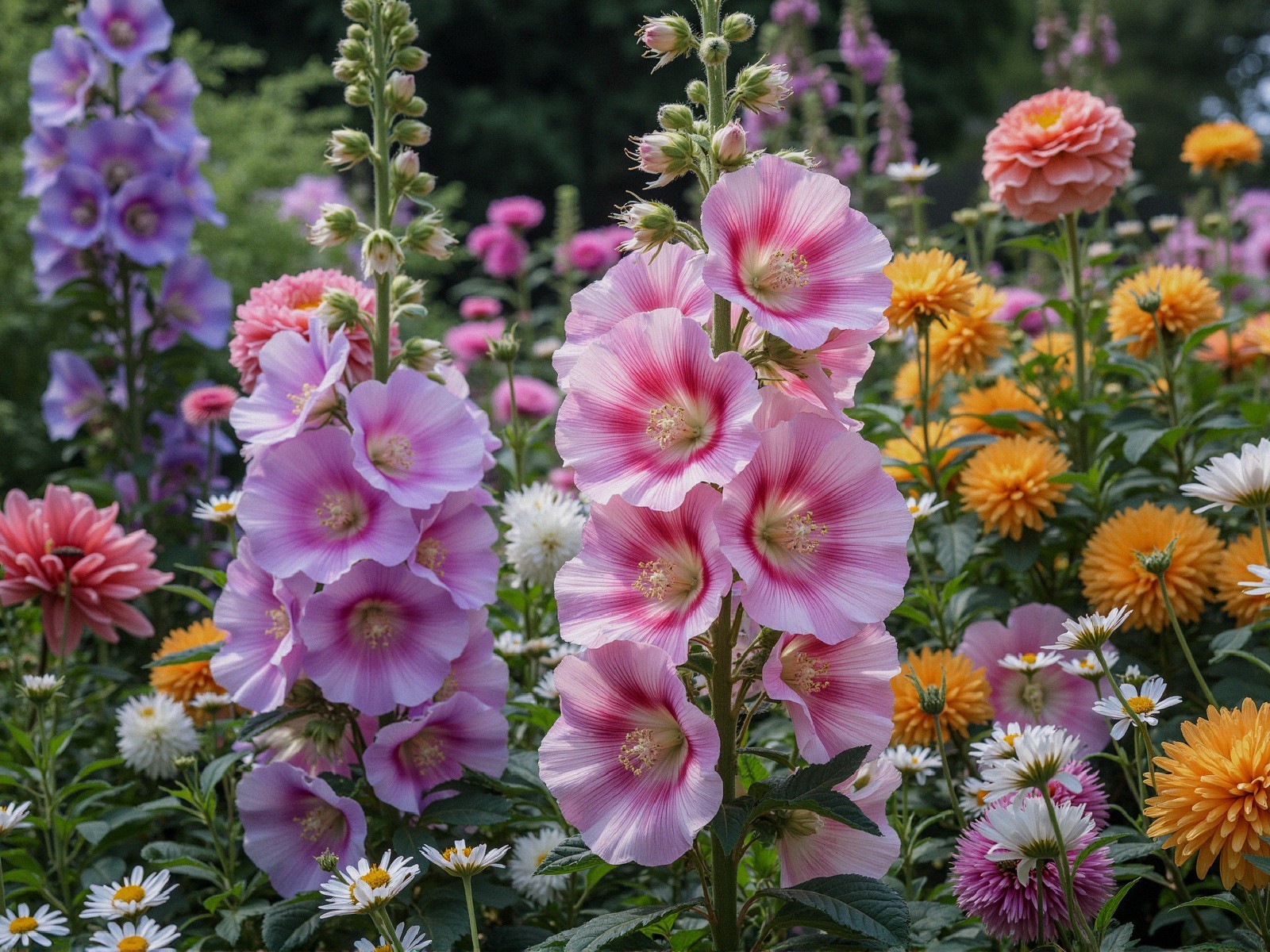 Vibrant Garden with Colorful Flowers and Greenery