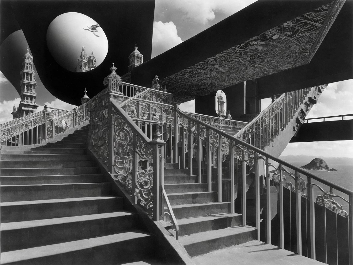 Surreal Architectural Scene with Intricate Staircases