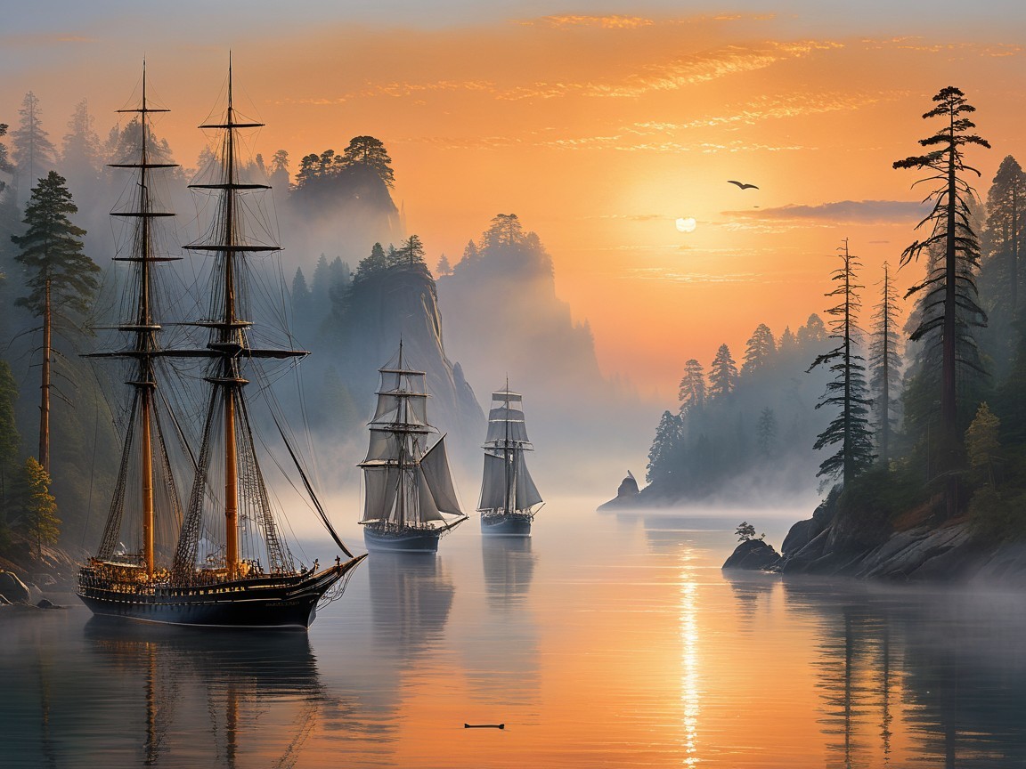 Tranquil Seascape at Sunrise with Sailing Ships