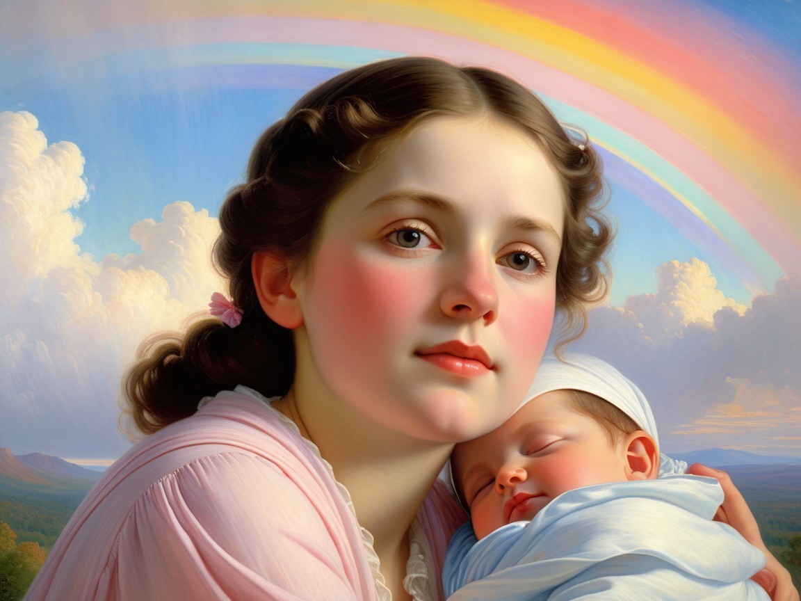 Tender Portrait of a Girl with an Infant and Rainbow