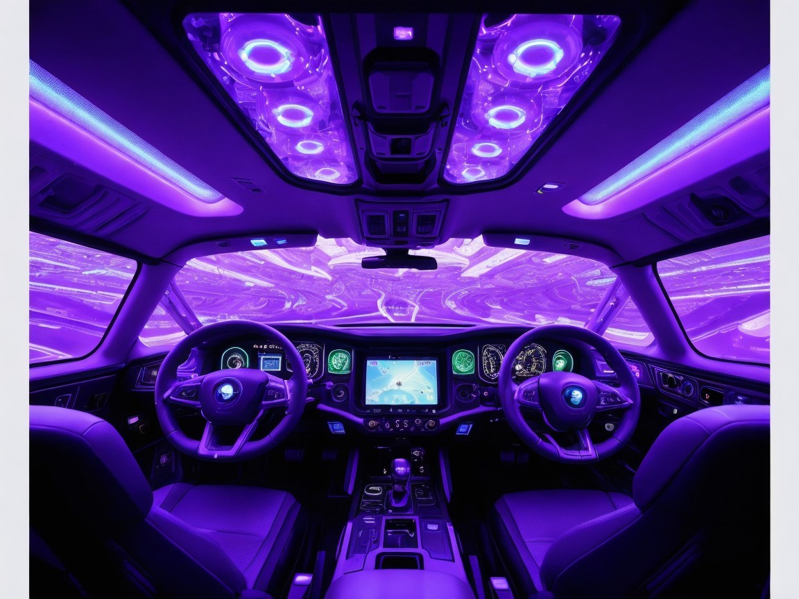 Futuristic Interior of a Luxurious Car with Purple Lighting