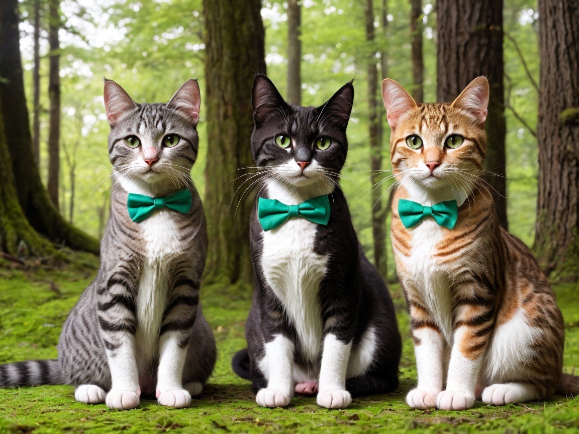 Stylish Cats in a Serene Forest Setting with Bow Ties