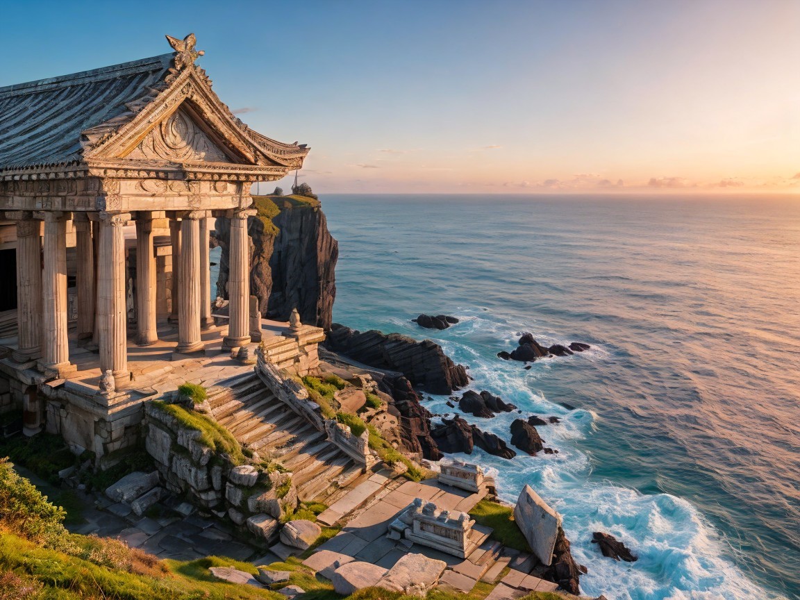 Ancient Temple on Cliff Overlooking Ocean Waves