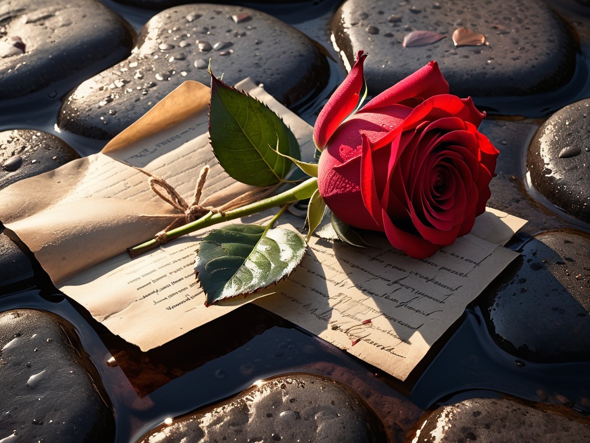 Red Rose on Handwritten Letter with Dark Stones