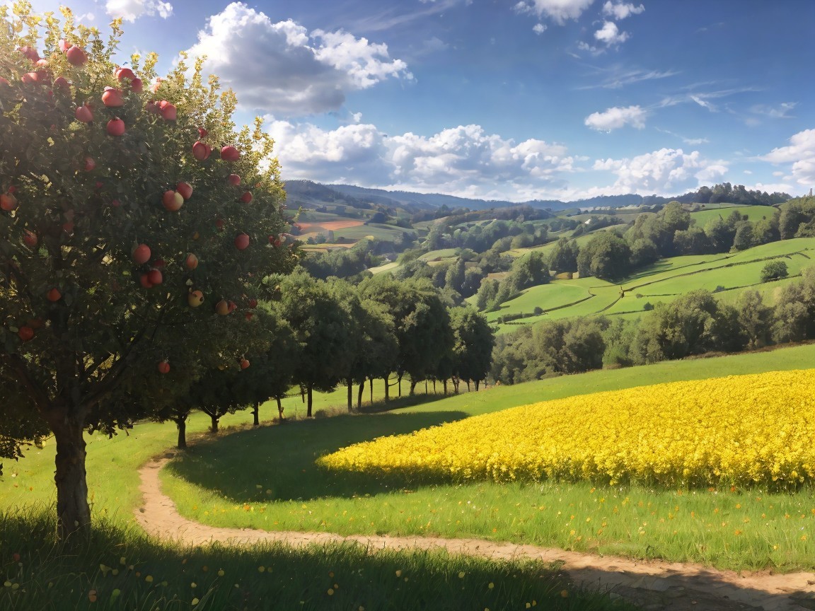 Vibrant countryside landscape with wildflowers and hills