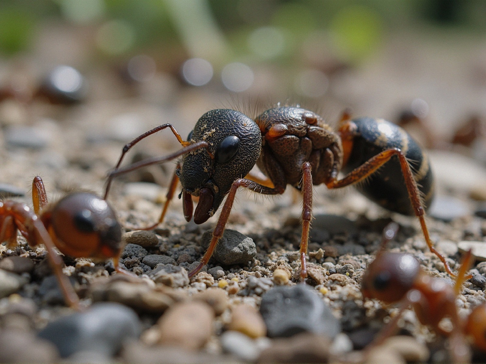 Close-Up of Large Ant with Smaller Ants on Ground