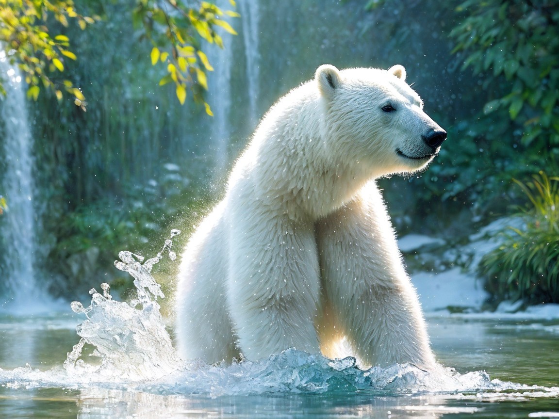 Polar bear in clear blue water with lush greenery