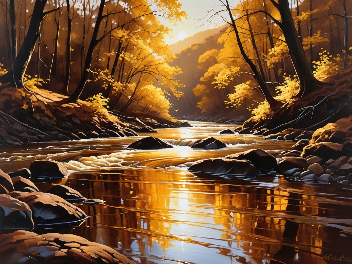Autumn Landscape with River and Golden Leaves