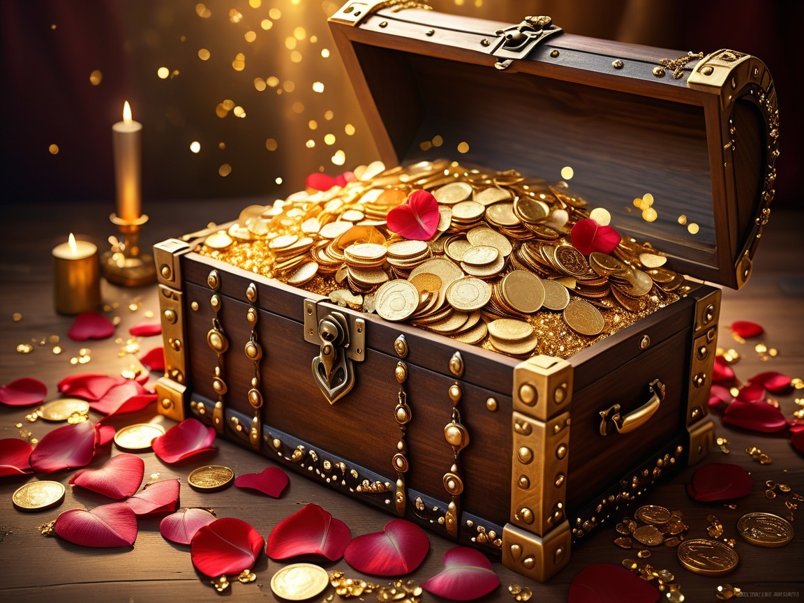 Wooden Treasure Chest Overflowing with Gold Coins