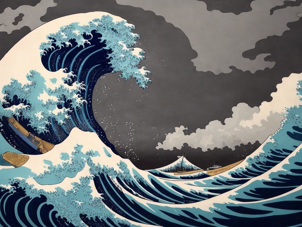 Dynamic Waves and Fishing Boats in Japanese Style