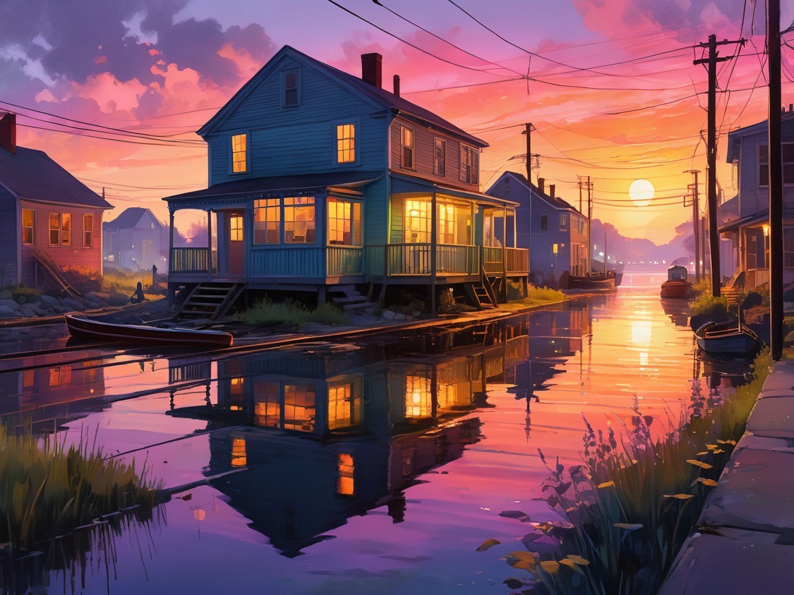 Picturesque Sunset Over Tranquil Canal and Blue House