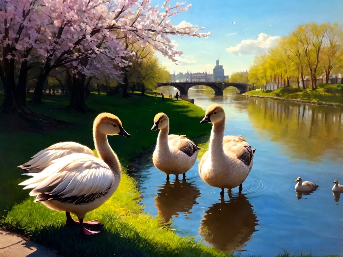 Serene Riverside Scene with Ducks and Cherry Blossoms