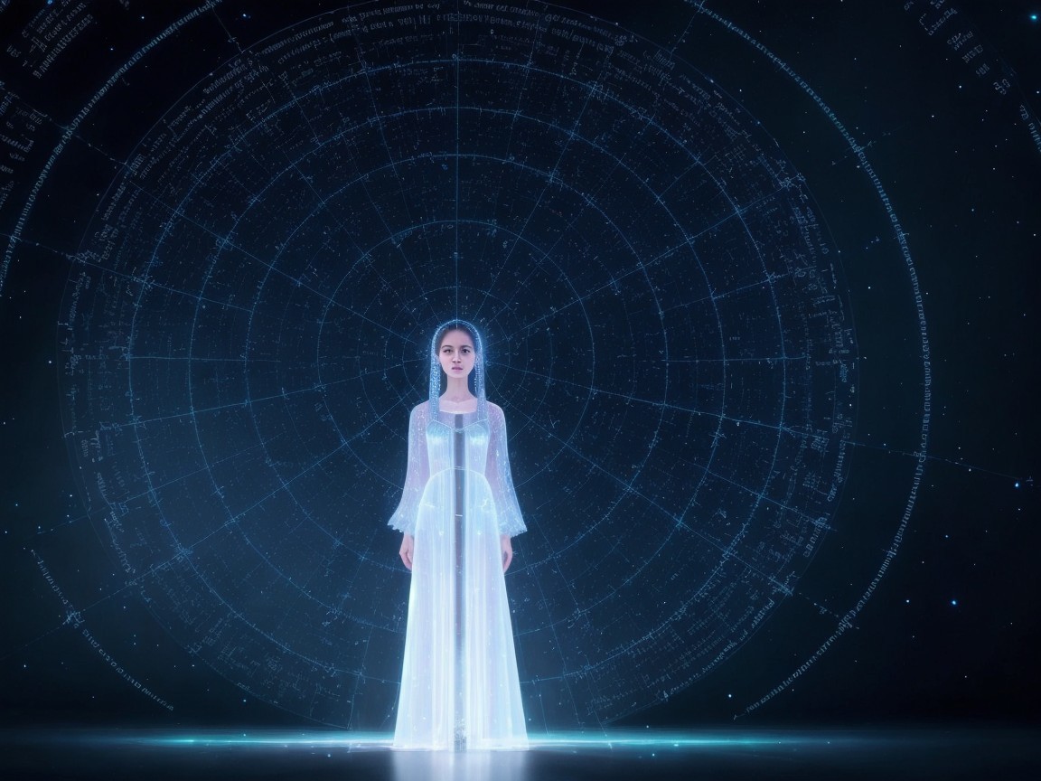 Ethereal figure in white gown against starry backdrop