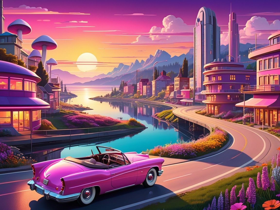 Vibrant Sunset Over River with Modern Cityscape