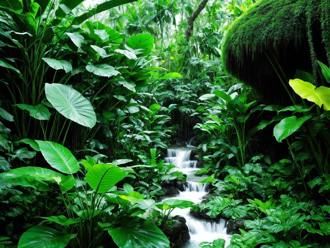 Lush Tropical Jungle with Stream and Sunlight Filtering