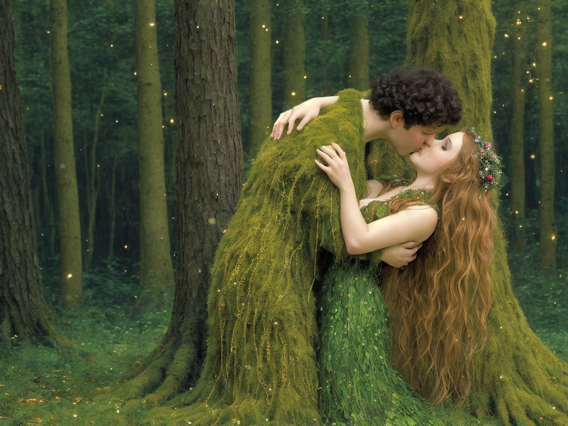 Enchanted Embrace in a Mystical Forest Setting
