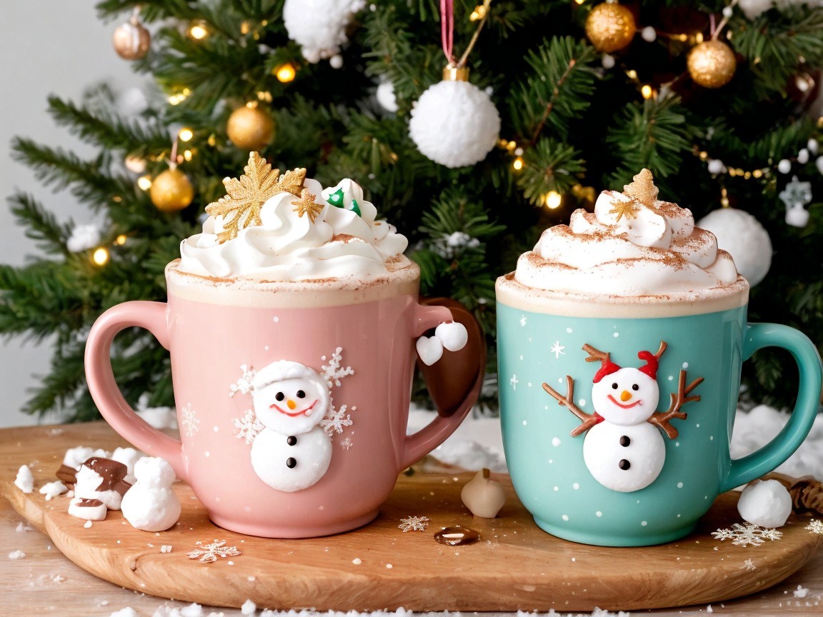 Colorful Ceramic Mugs of Hot Cocoa with Snowmen