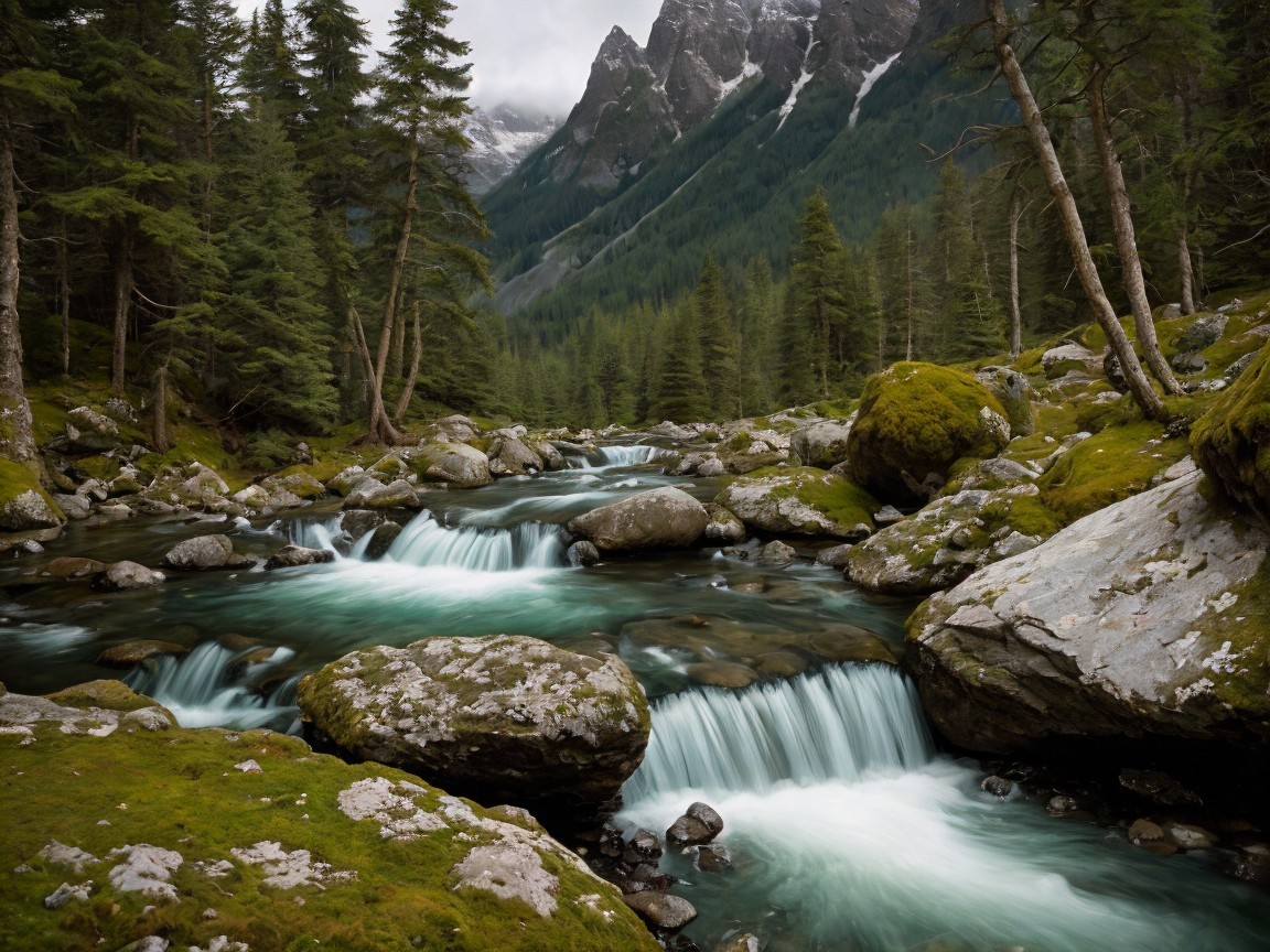 Serene Mountain Landscape with Flowing River and Greenery