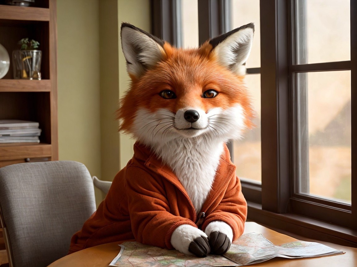Realistic fox in hoodie studying a map indoors