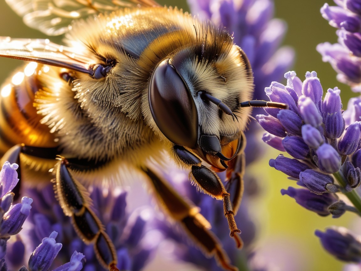 Close-Up of Bee on Vibrant Lavender Flowers