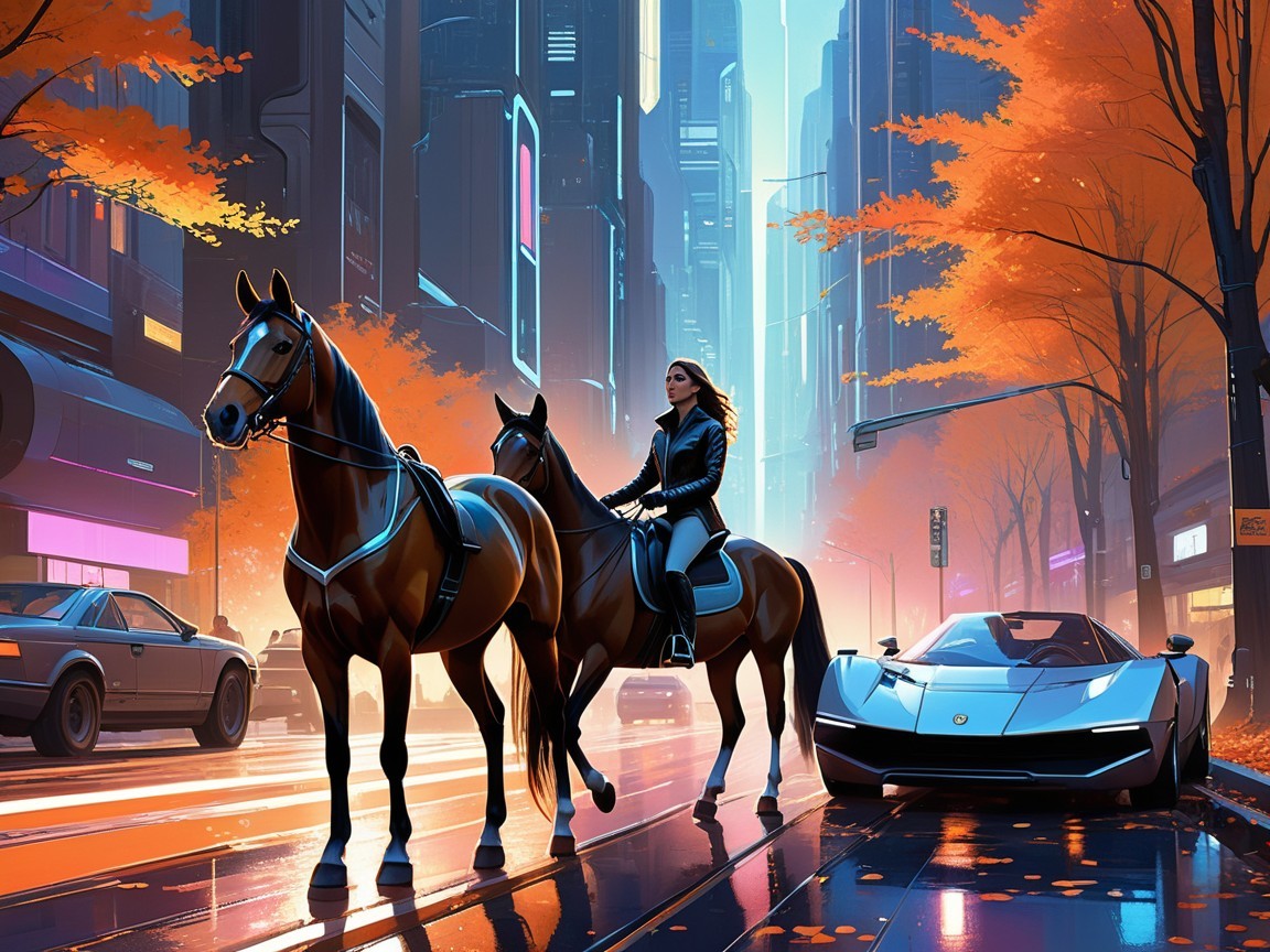 Futuristic Cityscape with Horseback Rider and Neon Lights