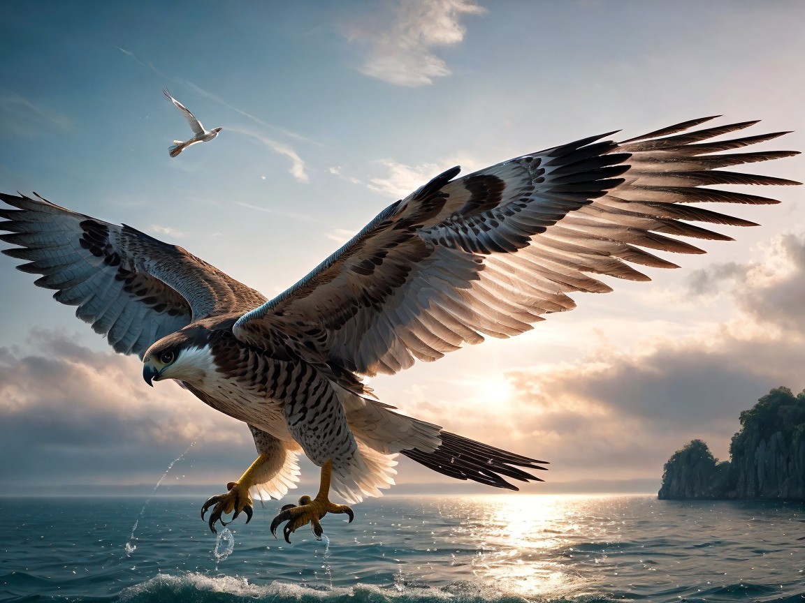 Eagle Soaring Over Shimmering Ocean at Dawn
