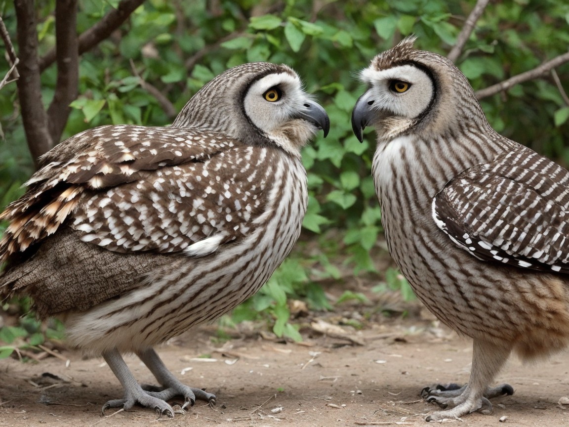 Owls in Natural Setting with Brown and White Plumage