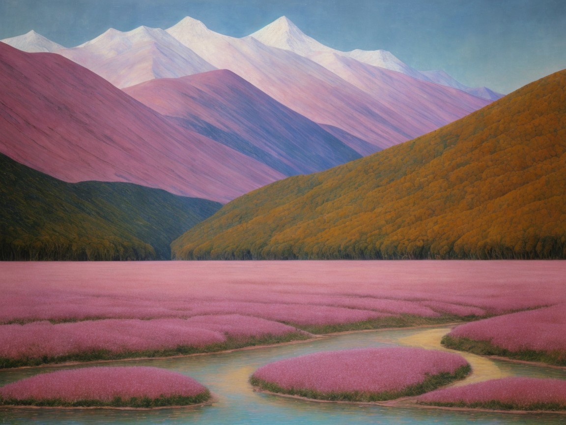 Tranquil Landscape with Hills, Flowers, and Mountains